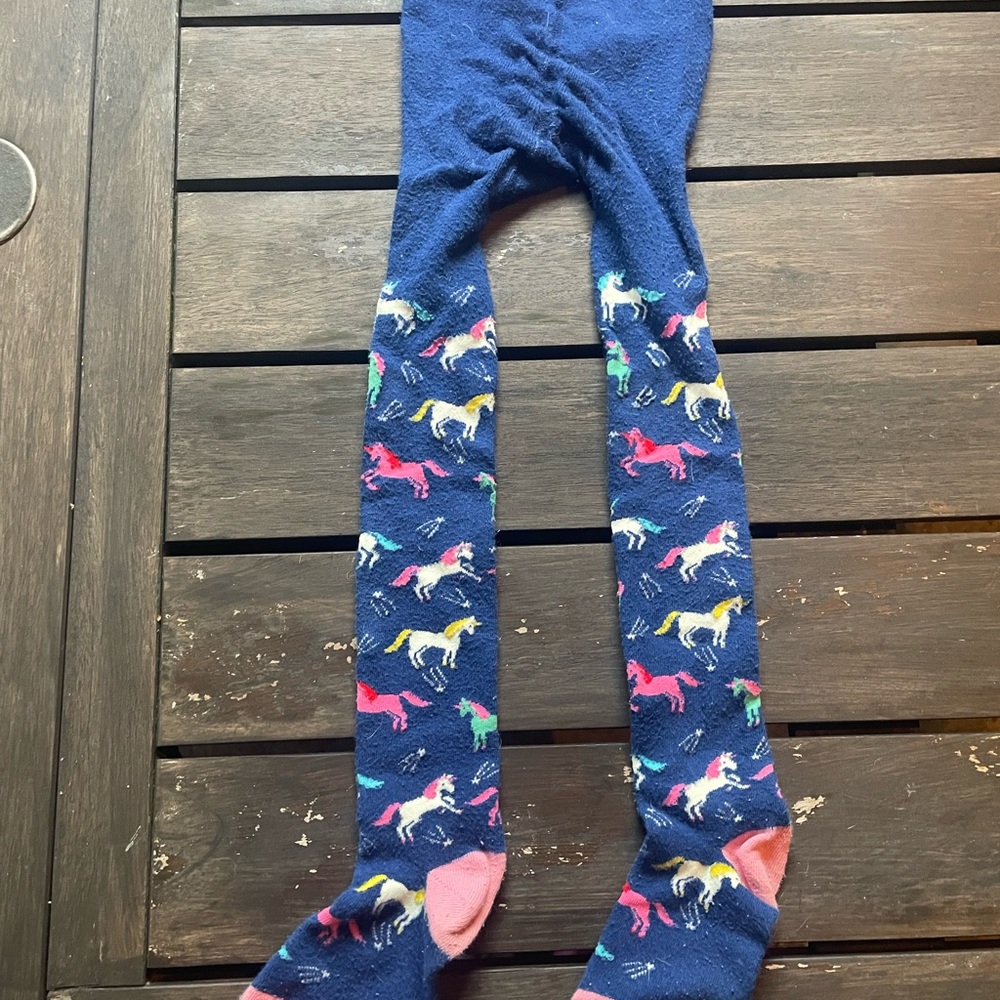 Mini Boden Navy Tights with Multicolor Horse Print and Pink Toes
